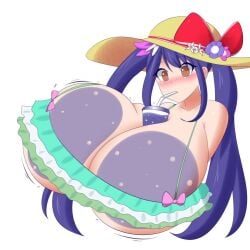 1girls alternate_breast_size bikini blue_hair blush breast_expansion brown_eyes cleavage drinking fairy_tail female female_only hyper_breasts inflation jcdr liquid_inflation long_hair solo sun_hat sunhat tagme twintails wendy_marvell