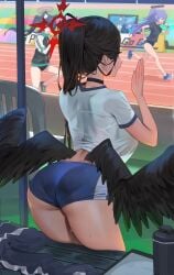 1girls abydos_high_school_student ass black_hair black_wings bloomers blue_archive breasts buruma choker feathered_wings female foreclosure_task_force_(blue_archive) gym_clothes gym_shorts gym_uniform halo hasumi_(blue_archive) hasumi_(gym_uniform)_(blue_archive) hood_x_art huge_breasts justice_task_force_(blue_archive) light-skinned_female light_skin long_hair long_ponytail millennium_science_school_student ponytail red_eyes seminar_(blue_archive) serika_(blue_archive) sportswear sweat sweaty_body thick_thighs thighs trinity_general_school_student white_shirt wings yuuka_(blue_archive) yuuka_(gym_uniform)_(blue_archive)