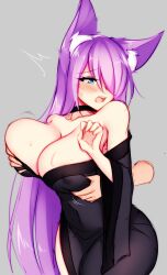 1girls big_breast big_breasts black_dress blue_eyes blush blushing breast_grab breast_grab_from_behind breasts_grabbed_from_behind dirtykuro dress embarrassed fox fox_ear fox_ears fox_girl foxgirl foxykuro groping_breast groping_breasts hair_covering_eye hair_covering_one_eye hair_over_one_eye hand_on_breast hand_on_breasts hands_on_breast hands_on_breasts kuro_(foxykuro) large_breast large_breasts long_purple_hair purple_hair touching_breast touching_breasts