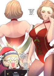 1boy 1girls absurdres alternate_costume beauty_mark blonde_hair bodice breasts christmas cleavage collarbone desk english_text eyeshadow female fire_emblem fire_emblem:_three_houses from_behind glasses halterneck hat highres holly ignatz_victor ignatz_victor_(winter) large_breasts leotard lipstick makeup manuela_casagranda manuela_casagranda_(winter) mole mole_under_eye multiple_views nintendo official_alternate_costume open_mouth orange_lipstick pantyhose parted_lips pen santa_hat short_hair shynrinn smile star-shaped_pupils star_(symbol) symbol-shaped_pupils text white_background