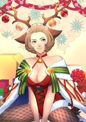 absurdres alternate_costume animal_ears antlers beauty_mark bell blush box breasts cape christmas christmas_ornaments cleavage deer_ears eyeshadow fake_animal_ears fake_antlers female fire_emblem fire_emblem:_three_houses fire_emblem_heroes fishnet_pantyhose fishnets fur_cape gift gift_box gloves gold_lips hair_slicked_back hairband highres holly leotard lips lipstick looking_at_viewer makeup manuela_casagranda manuela_casagranda_(winter) mistletoe mole mole_under_eye neck_bell nintendo official_alternate_costume one_eye_closed orange_eyeshadow orange_lips orange_lipstick pantyhose parted_lips red_leotard reindeer_antlers ribbon short_hair shynrinn sitting smile solo yellow_background