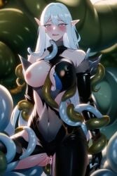 1girls ahe_gao ai_generated black_desert_online blue_eyes blush bodysuit cum_in_pussy dark_knight elf elf_ears exposed_breasts female female_focus nai_diffusion nipples rape stable_diffusion tentacle tentacle_monster torn_clothes white_hair