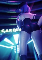 ass ass_focus big_ass carousel erochikku-sakasu five_nights_at_freddy's five_nights_at_freddy's:_security_breach fnaf heart-shaped_pupils heart_eyes naughty_face neon_lights robot robot_girl smirk solo staff_bot_(security_breach) staffbot stuffbot stuffbot(nightbotgrey)