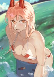 1girls arm_under_breasts bare_shoulders bikini blue_sky blush breast_padding breasts chainsaw_man cleavage cloud collarbone day demon_girl demon_horns fadingz hair_between_eyes horns leaning_on_object lips medium_breasts orange_eyes outdoors parted_lips pink_hair polka_dot polka_dot_bikini power_(chainsaw_man) red_horns sharp_teeth skindentation sky solo swimsuit symbol-shaped_pupils teeth wading water