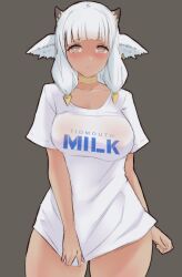 1girls ash_(fire_emblem) bangs bare_thighs breasts brown_eyes cow_girl dark-skinned_female dark_skin earrings female female_only fire_emblem fire_emblem_heroes large_breasts looking_at_viewer medium_hair naked_shirt nintendo pointy_ears ryumi-gin shirt solo thick_thighs thighs white_hair