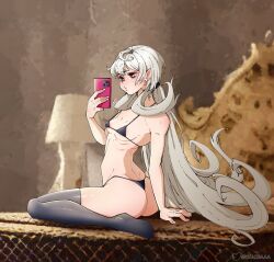 1girls ahoge ass back back_view bare_back bare_shoulders bending_sideways big_ass big_butt bikini female female_only gray_hair grey_hair holding_object holding_phone kaira legwear light-skinned_female light_skin long_hair micro_bikini mirror_selfie nijisanji nijisanji_en phone pink_eyes reimu_endou side_view small_breasts solo stockings thighhighs tied_hair virtual_youtuber white_hair