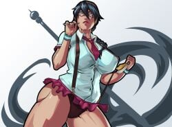 ass big_breasts black_hair bleach blue_eyes bracelet braid breasts bubble_butt busty equinox006 erect_nipples female female_focus female_only glasses hourglass_figure lisa_yadomaru long_hair microskirt nipple_bulge pinup pinup_pose shirt skirt standing suspenders tagme thong tie wide_hips yadoumaru_lisa