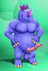 2021 anthro anthrofied blue_skin brown_eyes clay erect_nipple erection furry horn male nickelodeon purple_hair smile standing wontonrhino