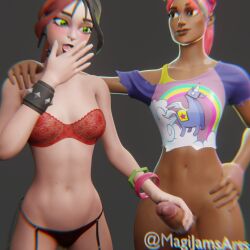 beach_bomber blush clothed epic_games fortnite fortnite:_battle_royale futanari grabbing_penis helsie_(fortnite) magijams smerk surprised sweat