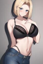 ai_generated android_18 big_breasts black_bra black_panties blonde_hair blue_eyes blush dragon_ball dragon_ball_z jacket jean_jacket large_breasts tagme