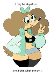 1girls anthro bottom_text breasts brown_hair cleavage crazy_eyes dialogue domestic_dog english_text fluffqween fur humor jacket peace_sign peanut_butter_(puppychan) puppkittyfan1 puppychan puppychan48 snout tail text thighs top_text