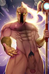 armor bara biceps cock flaccid forearms gay glowing glowing_eyes helmet league_of_legends male_only manly muscle muscles muscular_male naked nipples pantheon pecs penis shirtless spear stars vein veiny_penis