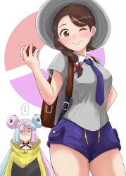 2girls breast_envy brown_eyes brown_hair female_only gym_leader iono_(pokemon) juliana_(pokemon) kiral_kuota pink_hair poke_ball pokemon pokemon_sv shorts small_breasts teal_hair thick_thighs two_tone_hair wink