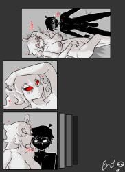 .. black_body couple_(romantic) hilder kissing_cheek laying_on_bed naked original_character red_eyes tagme white_hair