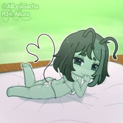 alien alien/human alien_girl alien_humanoid ass bed gacha gacha_club gacha_heat gacha_life green_background green_body green_eyes green_hair green_skin mattress self_upload wooden_floor