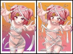 1girls almost_naked bandage bandages blush brolymatsumoto_(artist) clothes_falling_off collarbone cowboy_shot doki_doki_literature_club embarrassed embarrassed_female embarrassed_naked_female embarrassed_nude_female enf female female_focus female_only fingernails hair_ornament mummy_costume mummy_wrappings nail_polish naked naked_female natsuki_(doki_doki_literature_club) navel navel_line nude nude_female nudist petite petite_body pink_eyes pink_hair pink_nails small_breasts sweat sweatdrop thigh_gap thighs wardrobe_malfunction