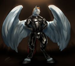 anthro black_hooves blue_body blue_feathers bulge clothing detailed_bulge equid equine feathered_wings feathers front_view full-length_portrait genital_outline hair hi_res hooves laser_(artist) looking_at_viewer male male_only mammal mouth_closed muscular muscular_male orange_eyes orange_hair pecs pegasus portrait pose red_tail rubber rubber_clothing rubber_suit sharp_stallion sheath_outline signature simple_background solo spread_wings standing wings