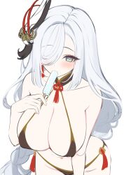 bent_over blush collar genshin_impact hair_over_one_eye huge_breasts multicolored_eyes navel popsicle shenhe_(genshin_impact) string_bikini sucking_popsicle thick thick_thighs wide_hips