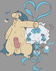 altaria animal_genitalia anthro balls blue_body cloaca duo female feral generation_2_pokemon generation_3_pokemon genitals grey_background looking_at_viewer male nintendo penis pokemon pokemon_(species) simple_background tail_grab typhlosion upside-down video_games xurora yellow_body