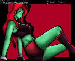 1girls 2d batman_(series) corvo_caotico cosplay dc_comics fingerless_gloves green-skinned_female green_skin harley_quinn kinktober2022 page_3 page_number pamela_isley poison_ivy red_hair shorts side_view