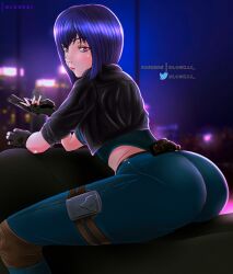 ass big_ass bloskai female ghost_in_the_shell ghost_in_the_shell_sac_2045 hi_res highres jeans kusanagi_motoko leather_gloves leather_jacket pink_eyes pistol pose posing purple_hair tight_clothing