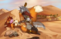 2022 4_toes 5_fingers anthro anthro_on_anthro anthro_penetrated anthro_penetrating anthro_penetrating_anthro areola arm_wraps balls black_nose boots breasts brown_hair canid canine canis claws clothed clothing cuff_(restraint) day desert detailed_background digital_media_(artwork) dragonfu duo ear_piercing ear_ring eyebrows eyelashes fangs feet female female_penetrated finger_claws fingers footwear fox fur genitals gloves_(marking) grey_body grey_fur gun hair handgun hi_res hindpaw hoop_ear_ring humanoid_hands leg_markings leg_wraps lying male male/female male_penetrating male_penetrating_female mammal markings mostly_nude multicolored_body multicolored_fur nipple_piercing nipple_ring nipples nude on_back on_ground on_sand open_mouth open_smile orange_body orange_fur outside outside_sex paws penetration penile penile_penetration penis penis_in_pussy piercing pistol purple_eyes pussy raised_leg ranged_weapon red_hair restraints ricochetcoyote ring_piercing sand sandals sex shackles signature sky smile socks_(marking) spread_legs spreading story story_in_description tamara_fox toe_claws toes two_tone_body two_tone_fur ulysses_jackson vaginal_penetration vaginal_penetration veil weapon white_body white_fur wolf wraps