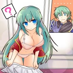 1boy 1girls ? absurdres aqua_hair armor ass_visible_through_thighs blue_eyes bow bow_bra bow_panties bra breasts cleavage collarbone eirika_(fire_emblem) ephraim_(fire_emblem) female female female_focus fire_emblem fire_emblem:_the_sacred_stones highres kanashimi110 large_breasts long_hair male nintendo panties pink_bra pink_panties siblings solo_focus underwear undressing walk-in