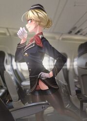 athies_arena blonde_hair flashing_panties skirt_lift solo_focus stewardess tagme