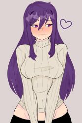 2:3 blush breasts doki_doki_literature_club gray_background grey_background heart iciasone leggings long_hair purple_eyes purple_hair strip_game sweater yuri_(doki_doki_literature_club)