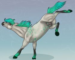 2022 amber_eyes bucking crotchboobs digital_media_(artwork) equid equine fangs female feral gayletrotter hair hooves horse kelpie looking_at_viewer looking_back mammal multicolored_body multicolored_hair nipples raised_tail simple_background solo teeth two_tone_hair two_tone_tail udders unndis_(skuggamul)