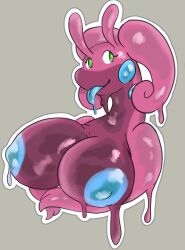 anthro big_breasts bodily_fluids breasts colored dragon fan_character female generation_6_pokemon glistening glistening_body goo_creature goodra green_eyes hi_res mlemgoober nintendo nipples nude pokemon pokemon_(species) purple_body purple_skin slime smile solo tongue tongue_out video_games