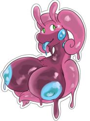 alpha_channel anthro big_breasts bodily_fluids breasts colored dragon fan_character female generation_6_pokemon glistening glistening_body goo_creature goodra green_eyes hi_res mlemgoober nintendo nipples nude pokemon pokemon_(species) purple_body purple_skin simple_background slime smile solo tongue tongue_out transparent_background video_games