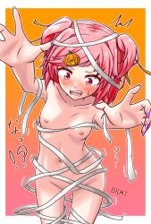 1girls 5_fingers almost_naked bandage bandages blush breasts brolymatsumoto_(artist) clothes_falling_off collarbone cowboy_shot doki_doki_literature_club embarrassed embarrassed_female embarrassed_naked_female embarrassed_nude_female enf female female_focus female_only fingernails hair_ornament mummy_costume mummy_wrappings nail_polish naked naked_female natsuki_(doki_doki_literature_club) navel navel_line nipples nude nude_female nudist petite petite_body pink_eyes pink_fingernails pink_hair pink_nails small_breasts sweat sweatdrop thigh_gap thighs wardrobe_malfunction