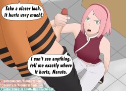 1boy 1girls 4leopsychopat bandaged_arm bandages boruto:_naruto_next_generations cheating cheating_husband clothed_sex clothing dialogue dress english_text erect_penis erection female female_focus green_eyes handjob holding_penis human jacket kneeling long_hair male male/female naruto naruto_(series) netorare ntr pants penis penis_grab pink_hair sakura_haruno speech_bubble standing straight talking talking_to_another talking_to_partner tekoki text unseen_male_face uzumaki_naruto