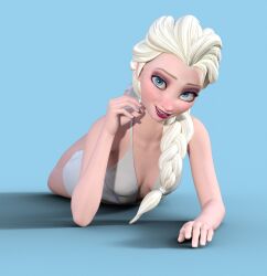 3d 3d_(artwork) blonde_hair blue_eyes braid braided_ponytail bunnysuit disney elsa_(frozen) flirting frozen_(film) lipstick lying_on_stomach medium_breasts platinum_blonde_hair simple_background solo_female sugamunda