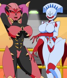 2girls arch-vile_(doom) artist_name big_breasts black_body blue_body breasts demon demon_girl doom doom_eternal monster monster_girl red_body samrunner summoner_(doom) thick_thighs thighhighs thighs