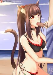 beach bikini black_bikini brown_hair cat_ears cat_tail catgirl chocola_(sayori) choker eyebrows_visible_through_hair fellatio heart-shaped_pupils jingle_bell lewdlux licking licking_penis long_hair nekopara ocean ponytail ribbon side-tie_bikini sunset swimming_trunks watermark worried_expression