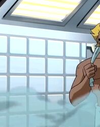 animated arm_behind_head armpit dc dcau gif green_arrow justice_league_unlimited male male_only masked muscles muscular muscular_male oliver_queen production_studio_for_tv_series shirtless shower