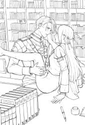 1girls 2boys ambiguous_penetration blush book bookshelf bottomless bottomless_female claude_von_riegan desk desk_sex dimitri_alexandre_blaiddyd edelgard_von_hresvelg fire_emblem fire_emblem:_three_houses garreg_mach_monastery_uniform gloves long_hair missionary_position nintendo peeping public public_indecency public_sex redaster8 school_uniform short_hair straight unseen_character voyeur voyeurism walking_in_on watching watching_from_afar watching_sex