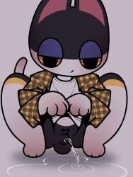 absurd_res animal_crossing anthro balls bodily_fluids crouching domestic_cat felid feline felis flaccid genital_fluids genitals hi_res male mammal nintendo nulldjqtdma peeing penis punchy_(animal_crossing) solo spread_legs spreading urine