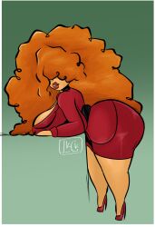 1girls afro bent_over big_ass big_breasts female ginger hair_covering_eyes high_heels large_ass large_breasts leekcheek lipstick office_clothing office_lady powerpuff_girls red_hair red_head sara_bellum self_upload side_view skirt smile solo solo_female solo_focus suit thick thick_ass thick_lips thick_thighs