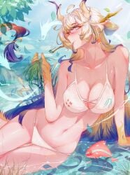 1girls 2024 alternate_breast_size arknights artist_request beach belly belly_button big_breasts bikini blush bra breasts dragon_girl hi_res horns light-skinned_female light_skin long_hair looking_at_viewer midriff multicolored_hair outdoors outside shu_(arknights) smile solo solo_focus swimsuit swimwear