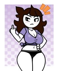 1girls accurate_art_style black_eyes black_panties blush breasts brown_hair cleavage clothing female frown hand_on_hip jaiden jaiden_(jaiden_animations) jaiden_animations large_breasts long_hair looking_at_viewer middle_finger midriff navel panties shirt solo steca thelazyart thick_thighs thighs tied_shirt underwear youtube youtuber youtuber_girl youtubers