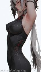 ai_generated arlecchino_(genshin_impact) armpits black_bodysuit bodysuit breats covered_nipples genshin_impact sweat unforgiving wet