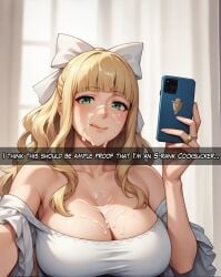 ai_generated aqua_eyes autismmix_pony(model) bedroom blonde_hair blunt_bangs cellphone charlotte_(fire_emblem) dialogue_box excessive_cum facial female fire_emblem fire_emblem_fates fire_emblem_heroes holding_phone huge_breasts licking_lips ring selfie smile snapchat wavy_hair white_hair_bow