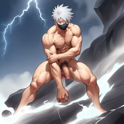 1boy ai_generated balls bara completely_nude erection gay gay_sex hatake_kakashi kakashi_hatake kirisword male male_focus male_only muscular muscular_male naruto nipples nude penis sex solo solo_focus solo_male yaoi