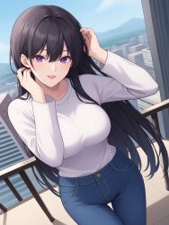 1girls ai_generated ailya86 balcony black_hair clothing hair_ornament large_breasts lee_doo-na! li_shiya long_hair looking_at_viewer outdoors purple_eyes smiling smiling_at_viewer the_girl_downstairs