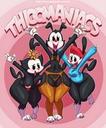 2020 2020s 3girls animaniacs anthro anthro_only big_breasts black_fur blue_sweater blush bottom_heavy breasts clothed clothing dot_warner fabianoferreira female female_focus female_only flat flat_chest flat_chested fur furry furry_female furry_only garter_belt garter_straps genderswap_(mtf) heart_censor hi_res lingerie male_to_female pear-shaped_figure pear_shaped pear_shaped_female pink_background red_cap rule63 rule_63 shortstack siblings sisters tail text thick_thighs tongue tongue_out toto_draw trio wakko_warner warner_brothers white_fur wide_hips yakko_warner