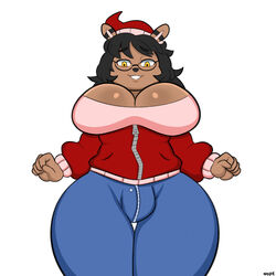 1futa anthro big_breasts bitesize black_hair breasts bulge candy canine chocolate cleavage clothed clothing dickgirl erection eyewear food futa_only futanari glasses hair hat hi_res hoodie huge_breasts humanoid_penis intersex jeans mammal nope_wpng pants penis shiny shy smile solo tanuki voluptuous