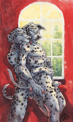 2009 anthro blotch canine canine_penis couple cuddle dalmatian floppy_ear fondling fur furry gay male nude penis tail tongue touching window